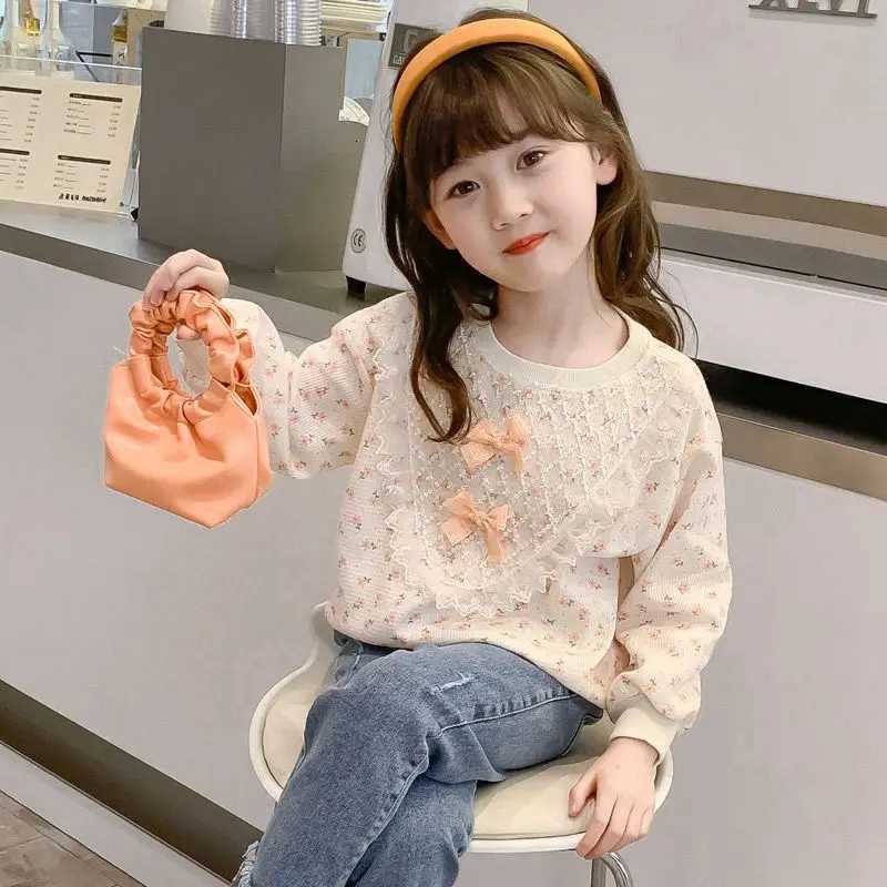 Long Spring Autumn 2026 Girls Sle Bow Floral Print Sweatshirt Kids Fashion Loose Casual TopsW260917