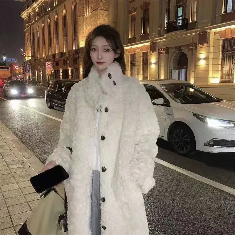 Lamb Wool Long Jackets Women Winter Warm Stand Collar Loose Fur Outerwear Y2K Korean Fashion Long Sleeve All Match Fur Coat 260917