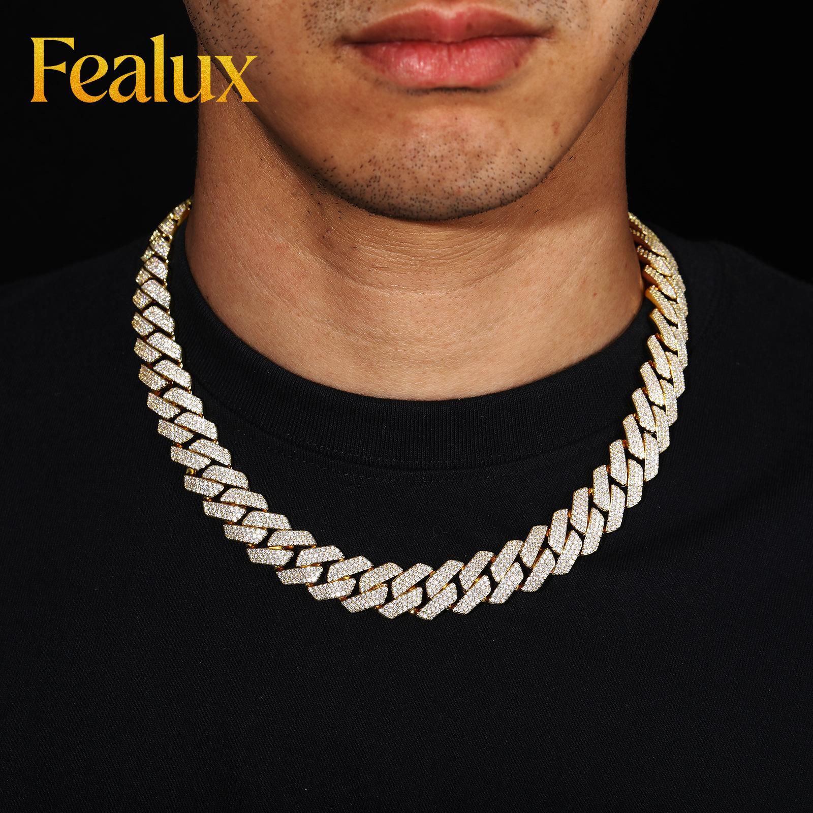 Fealux Luxury VVS Moissanite Cuban Link Necklace 16MM Gold Plated Brass Hip Hop Jewelry for Men Wedding Party GRA Certified