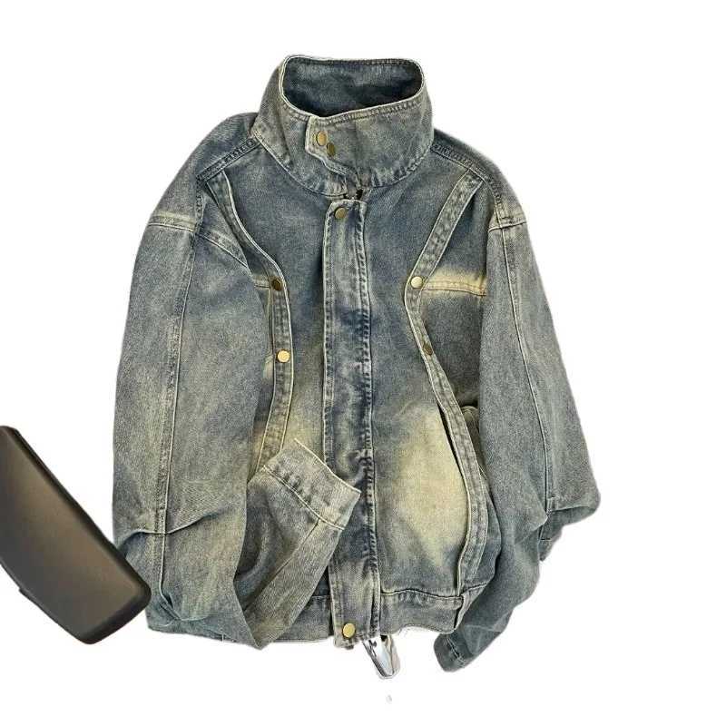 Large Size American Retro Stand-up Collar Jacket Men's Strt Hip-hop High Strt Trend Handsome Simple Versatile Jeans Jacket S260918JJI8