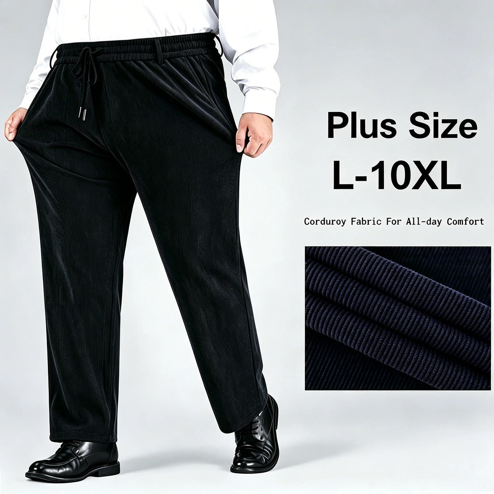 10XL Plus Size Men's Corduroy Pants Elastic Waist Drawstring Casual Trousers Anti Wrinkle Non Ironing Loose Straight Leg Pants 260917