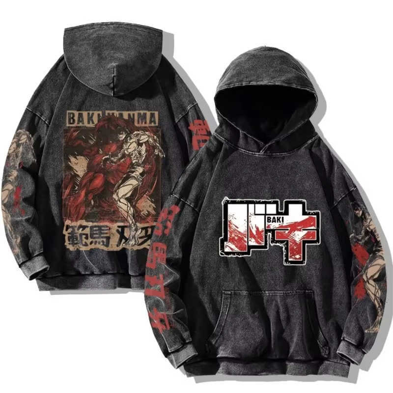 Hooded Baki Print Hanma Anime Men Women Vintage Trendy Hoodies Plus Size Washed Cotton Sweatshirt Harajuku Unisex Streetwear C26091511