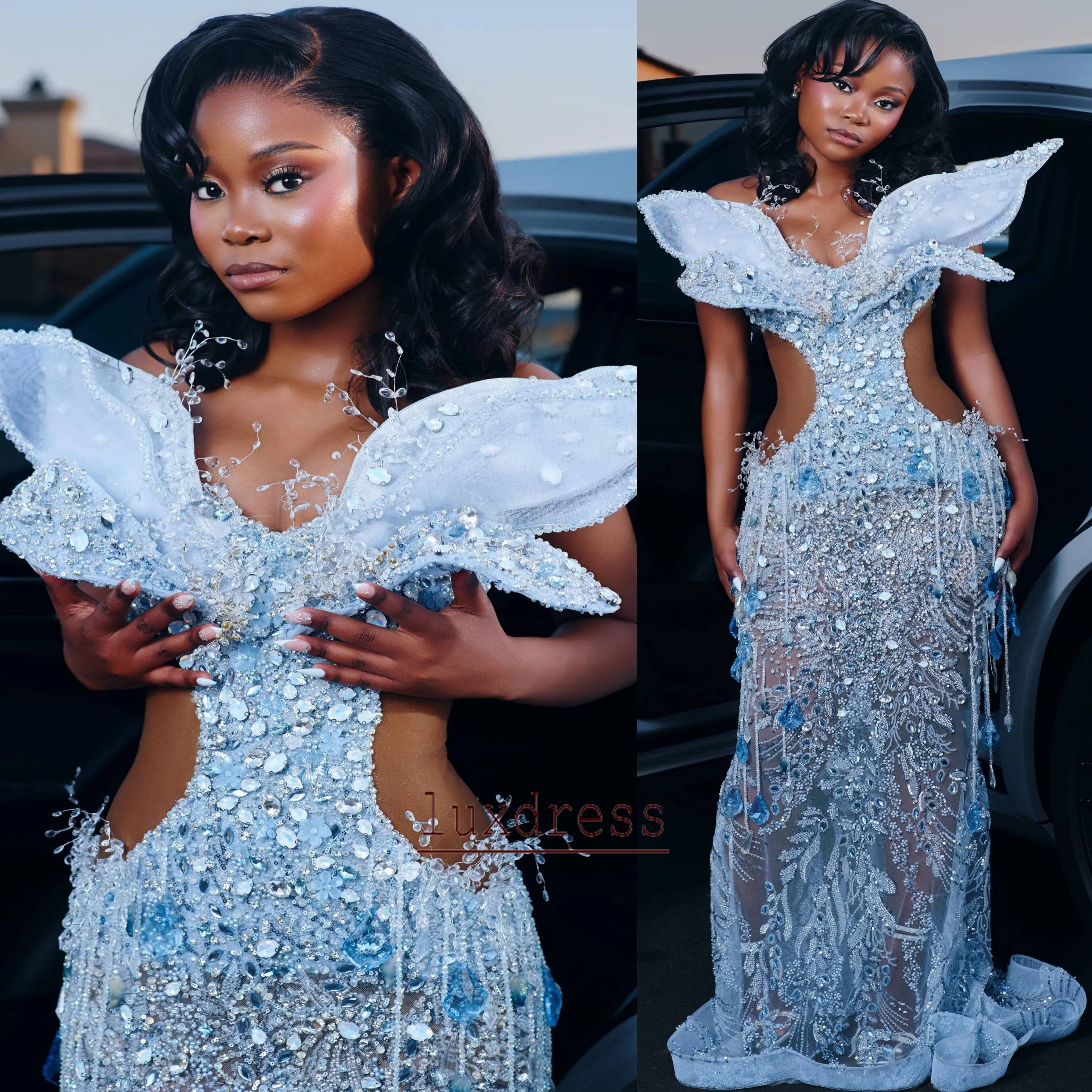 Aso Ebi Ice Blue Mermaid Prom Dress Petals Flower Crystals Tassels Sequined For Black Women Birthday Party Formal Reception Gowns Evening Dresses