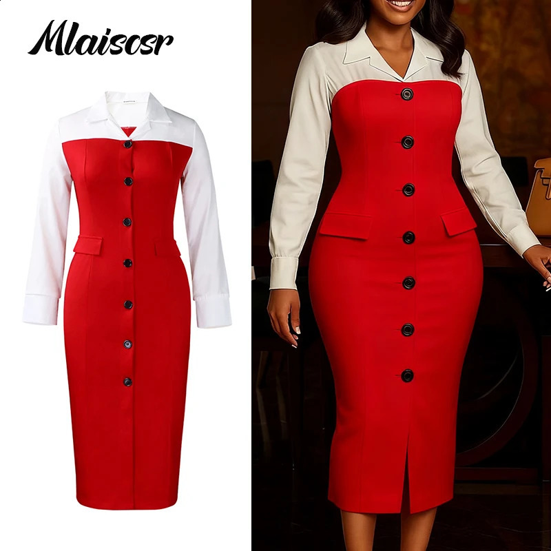 Mlaiscsr Womens Patchwork Pencil Dress Long Sleeve Lapel Button Elegant Office Autumn Christmas Evening Party African Birthday 260918