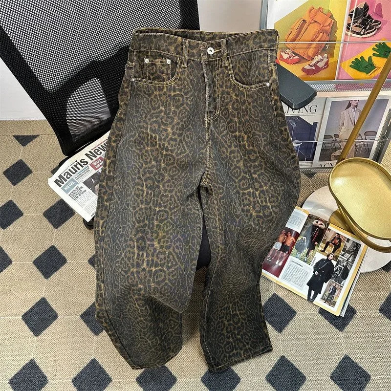 QICHE Men American HighStreet Leopard Print Slim StraightLeg Jeans Inspired Trendy StreetWear Casual Long Trousers 260918