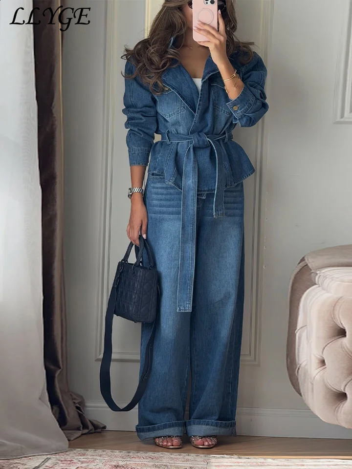 Elegant Belt Denim Jacket Women's Pants Sets Lapel Full Sleeve Pockets Coats Wide Leg Pant 2026 Autumn Lady Commute Suits 260917