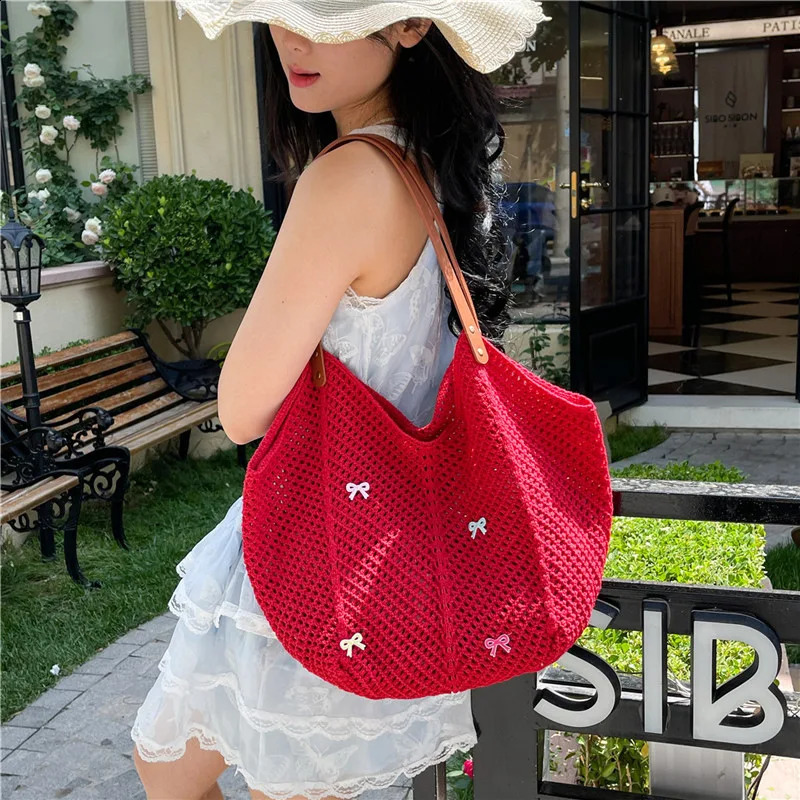 Sweet Bow Women's Vacation Beach Tote Handbags Casual Knitted Ladies Portable Shoulder Bags Cute Bowknot Female Shopping Bag 260917