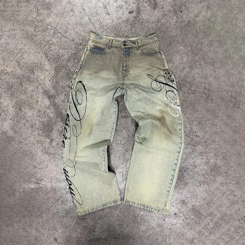 Y2K Loose Casual Jeans Letter Graphic Printing Versatile High Waist Jeans Hip Hop Fashion Men Women Vintage Washed Streetwear 260918
