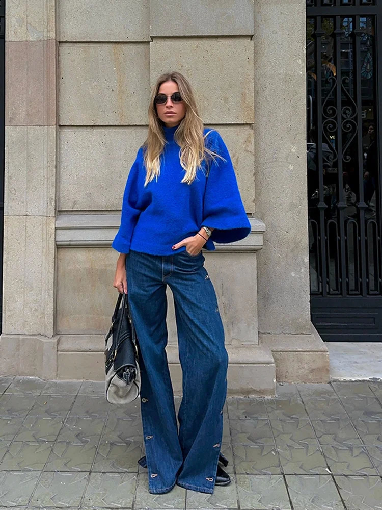 Casual Blue Womens Pullover Loose Stand Collar Long Sleeve Cropped Female Sweater 2026 Autumn Warm Lady Streetwear Commute 260918