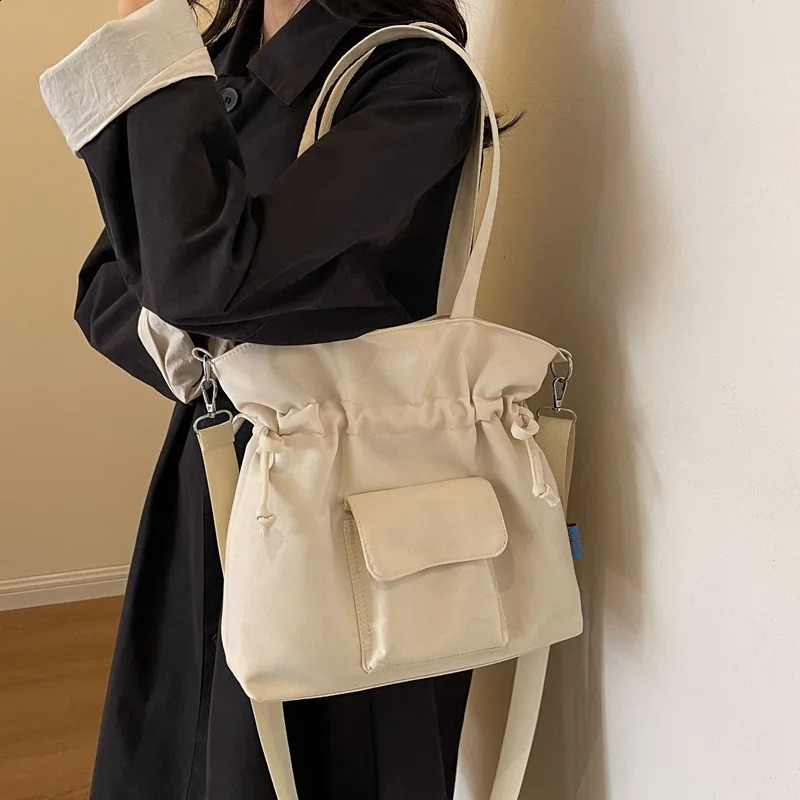Drawstring n Solid Color Women's Canvas Shoulder Bags Casual Simple Ladies Handbags Outdoor Sports Female Crossbody Bag 260917
