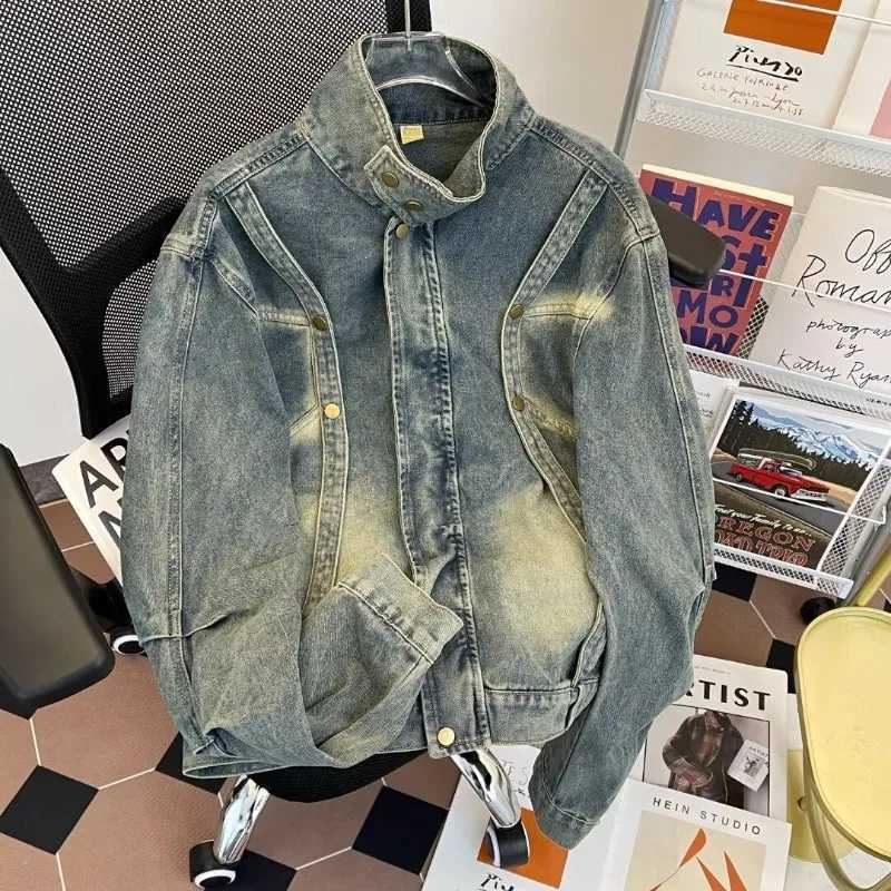 Large Size American Retro Stand-up Collar Jacket Men's Strt Hip-hop High Strt Trend Handsome Simple Versatile Jeans Jacket S260918CKH5