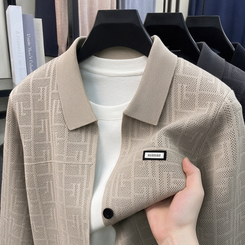 High-End Designer Men's Autumn Cardigan With A Lapel Collar, Knitted Pattern, Solid Color, Casual, Trendy, Versatile Outerwear Clothes 2026 Gra