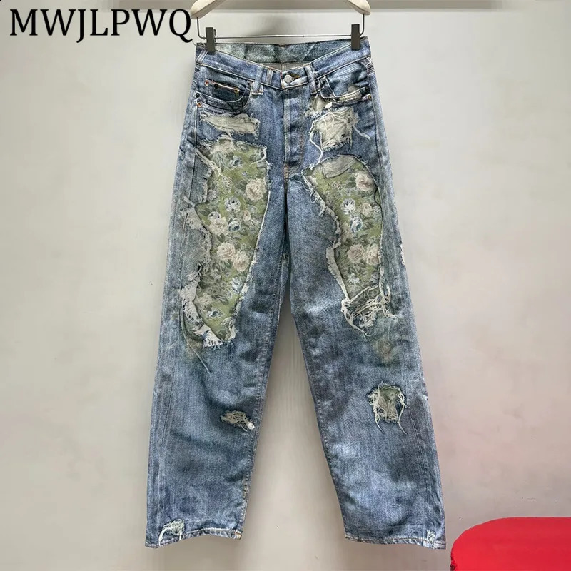 MWJLPWQ Floral Print Loose Straight Jeans Unisex High Street Distress Niched Hiphop Spring Autumn Denim Wide Leg Trousers 16358 260918