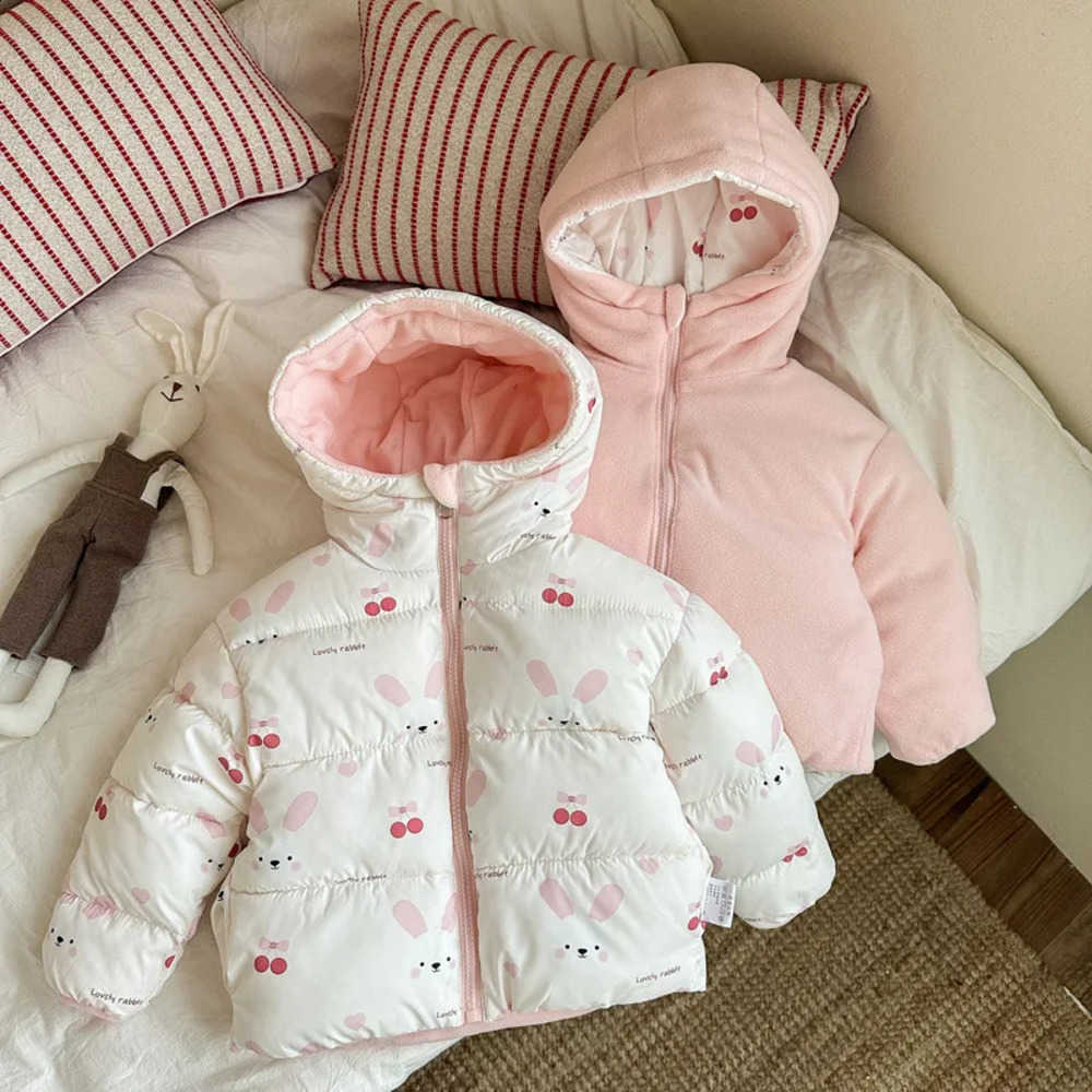 Winter Double Sided Coat Kids 2025 New Little Bear Print Thicken Warm Padded Jacket Fleece Lined Hooded Outerwear for Boys GirlsW260917