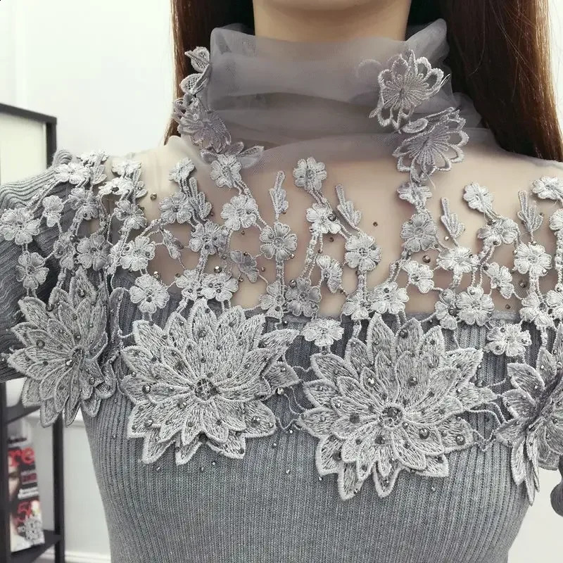 Woman Sweaters Pullover Turtleneck Pullover Women's Lace Stitching Hollow-out Sweater Femme Chails 260917