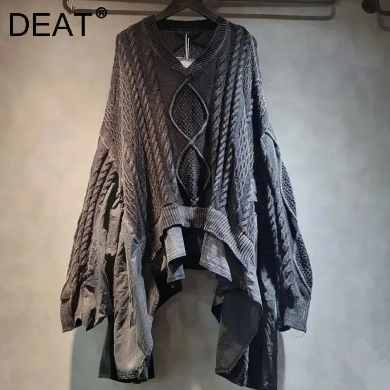 DEAT Autumn Fashion Women's Twists Knitting Spliced Sweater Loose Bat Sleeve V-neck Long Pullovers Female 33A1448 260917