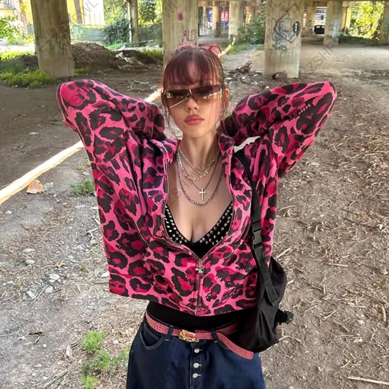 Streetwear Style Women's Jacket Unique Aesthetic Leopard Print American High Street Emo Girls Cute Gothic Kawaii Hoodie Tops