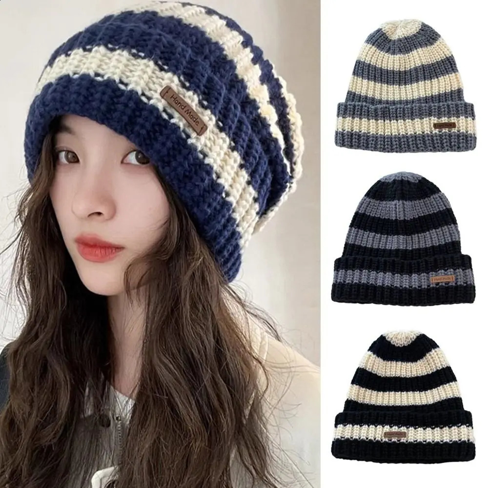 Casual Thickened Winter Hats Stripe Ear Protection Knitted Hat Keep Warm Outdoor Beanie Caps for Men Women 260917