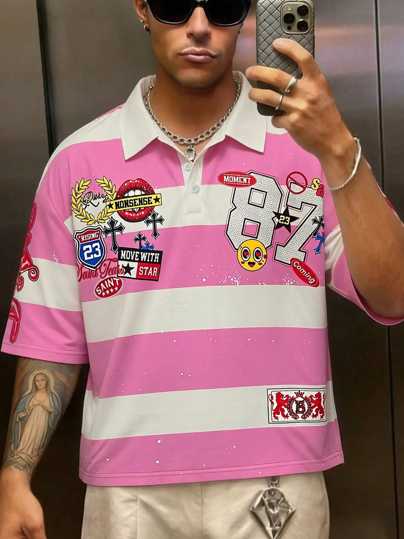 Summer Casual Graphic Pink Men'S Printed Long Sleeve Preppy Striped Polo Collar T-Shirt Casual College Style Top 260917