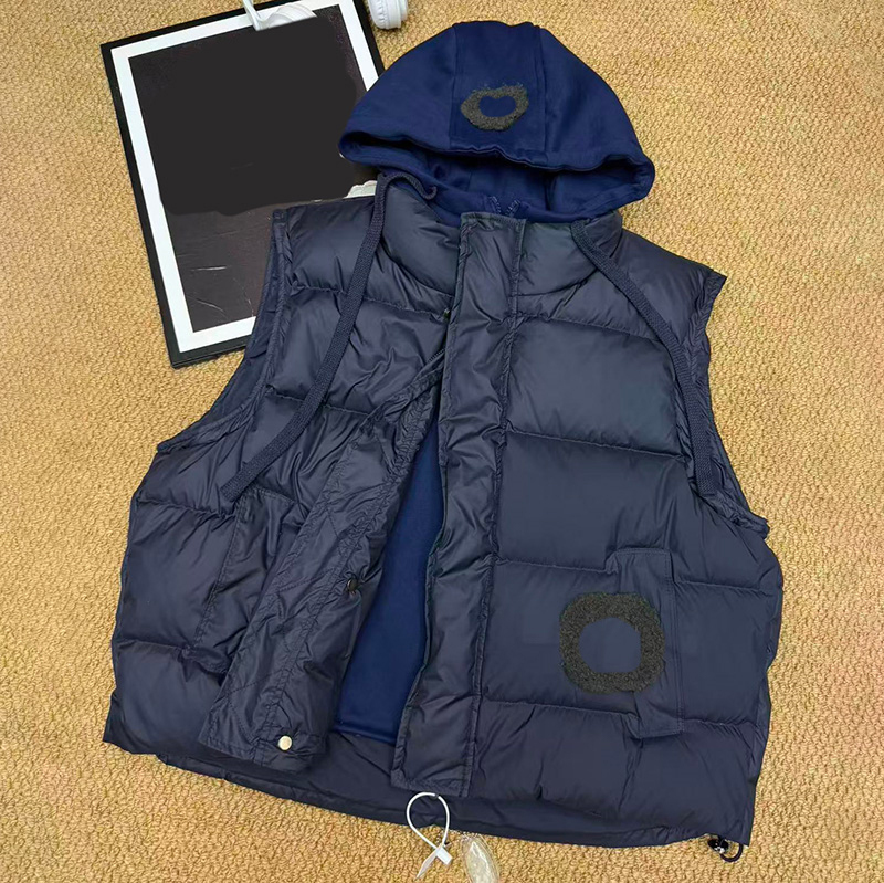 Designer Letter Hooded Down Vest Women Navy Blue Down Vest Jacket Autumn Winter Street Trendy Warm Sleeveless Puffer Coat