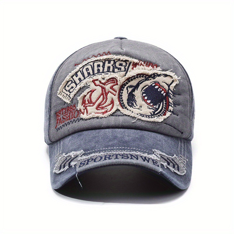 Spring Summer Outdoor Hats For Women Men, Featuring Embroidered Lettering, Shark Design, Baseball Cap Style, Vintage Wash Finish, And A Curved Brim
