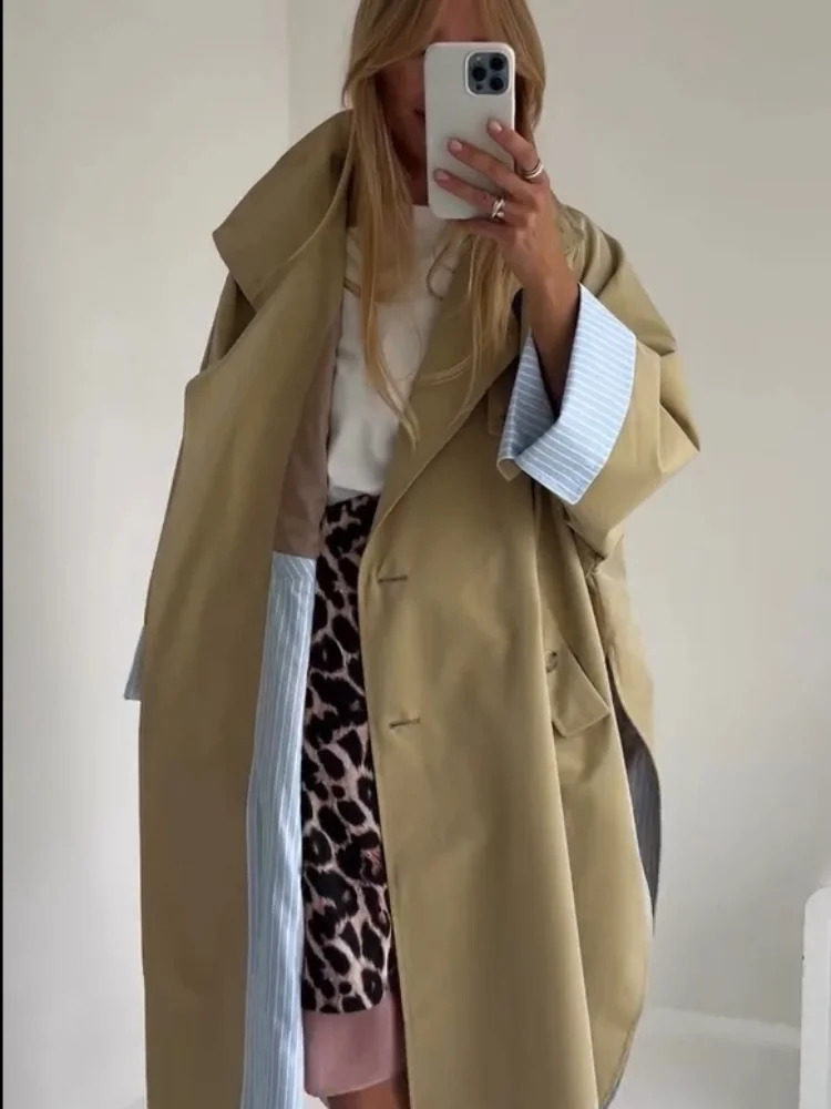 Womens Striped Colorblocked Trench Coat Khaki Lapel Oversized Side Slits Full Sleeve Long Jacket 2026 Autumn Casual Outfit 260918