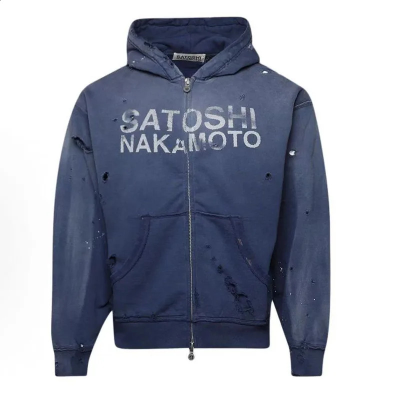 26SS Satoshi Nakamoto Heavyweight Hoodies American Retro Vintage Print Mens Womens Loose Hooded Cardigan 260918