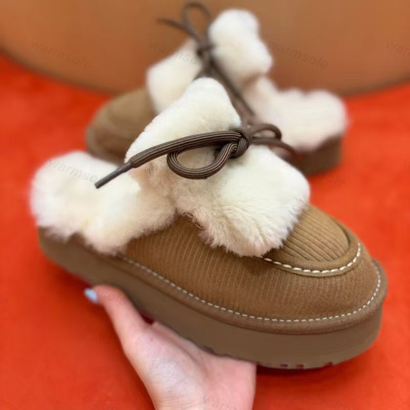 Designer Women Corduroy Shoes Slippers Faux Fur Trim Bow Lace Backless Slip On Thick Sole Winter Warm Shoes New
