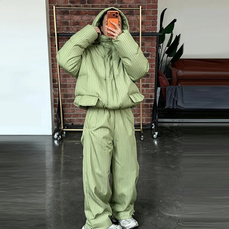 2026 Winter Warm Womens Down Coat Matching Set Stripes Pockets Hooded Jacket Wide Leg Pants Two Piece Casual Lady Outfits 260918