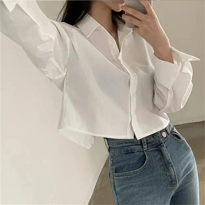 Spring Casual Long Sleeve Women White Shirt Korea Style Solid Button Split Woman Crop Tops Blouse Party Clothing 260917