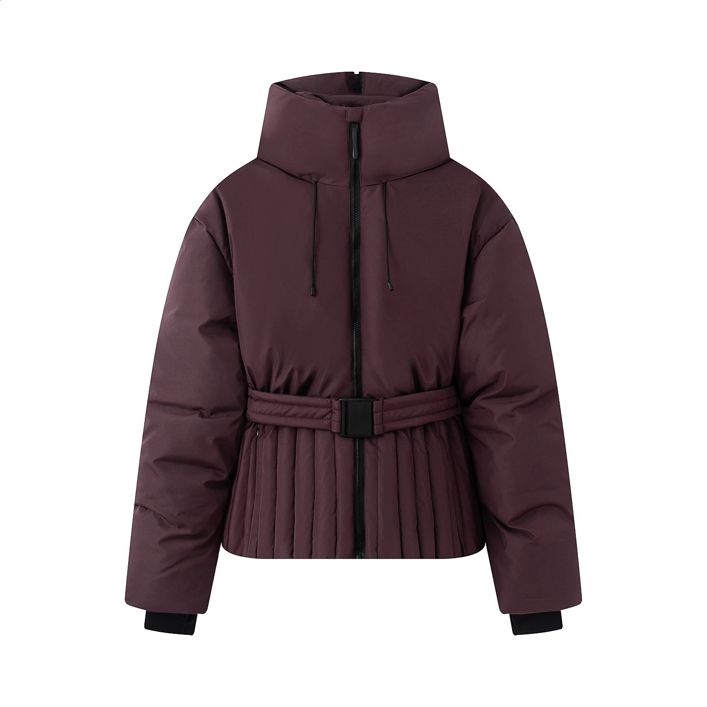 2026 Womens Elegant Hooded Zipper Burgundy Skiing Padded Snow Sports Coats Lady Chic Thicken Warm Windproof Jackets Parkas Belt 260918