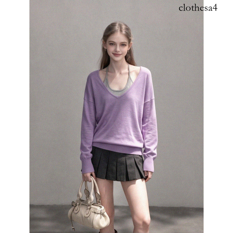 26ss Women's knitted top Dopamine purple color, with a stylish cuff design, this new Korean-style knit top is perfect for early autumn outfits