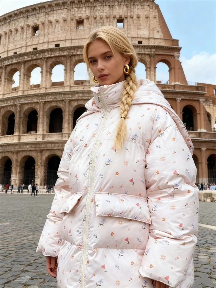 Unique Hooded Women's Winter Jacket Elegant Printed Thicken Pockets Full Sleeve Female Cotton Coat Woman Coats Outwears 260917