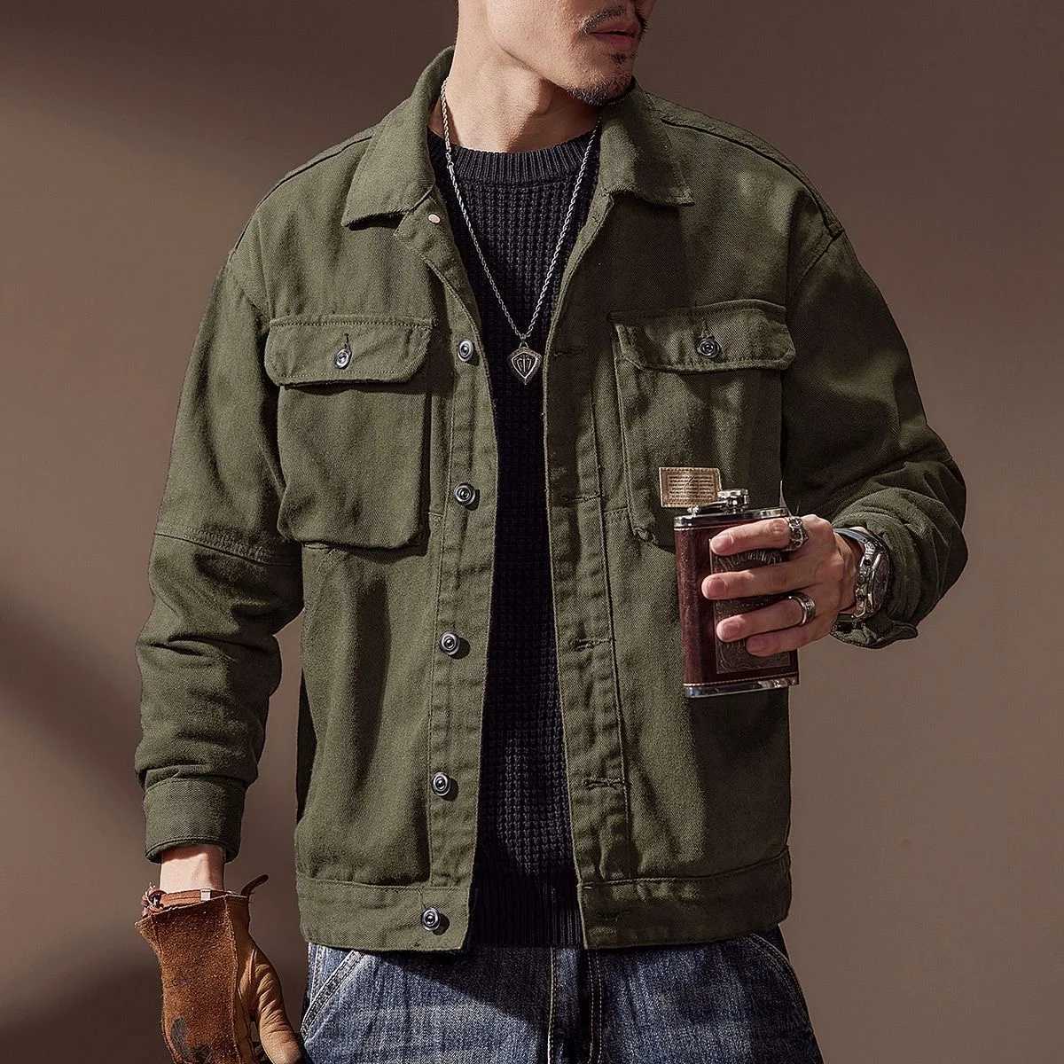 2024 Spring and Autumn Fashion Trend Solid Color Cargo Jacket Men's Casual Loose Comfortable High Quty Plus-Size Denim Coat S2609184YBQ