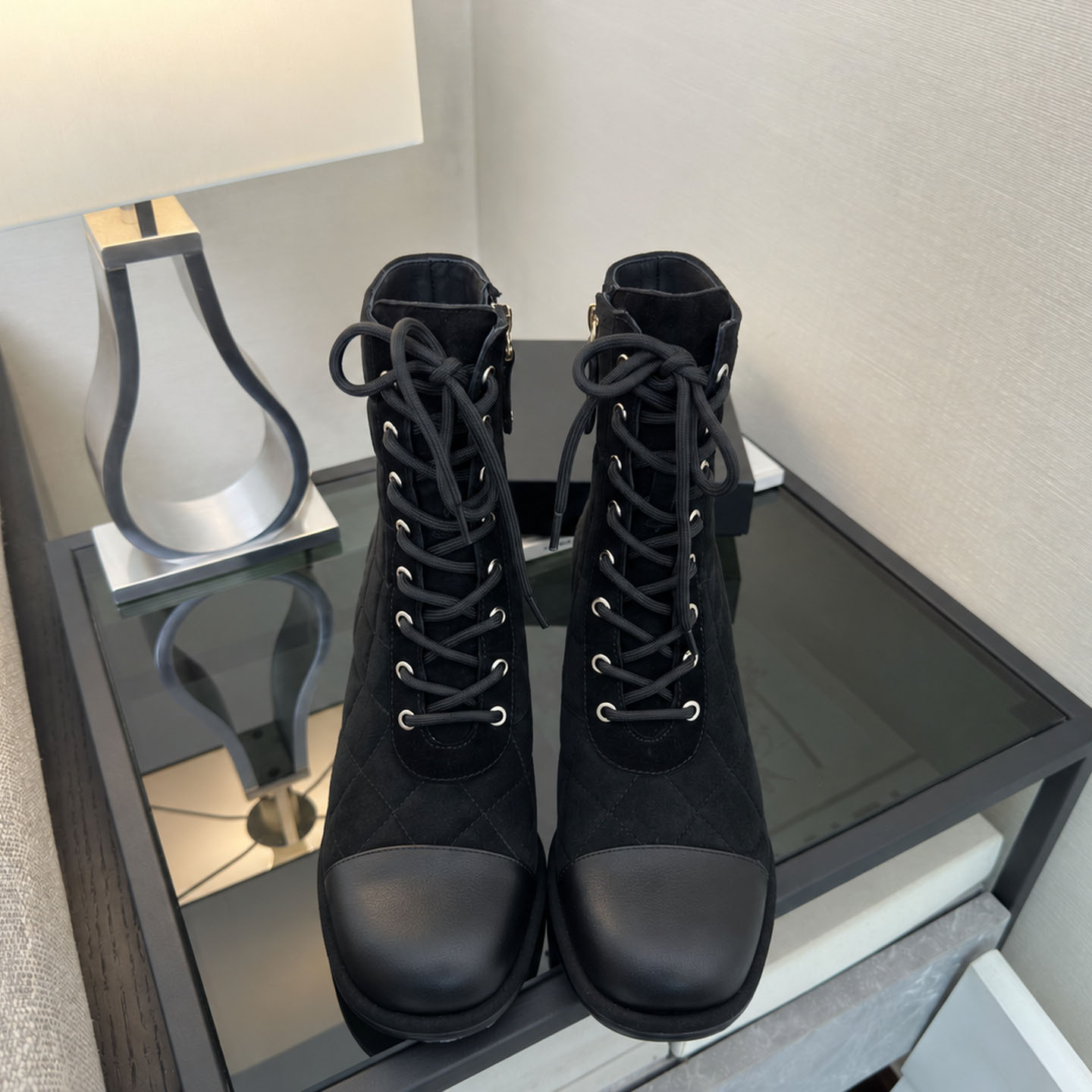 Designer Mid Calf Boots 26C Series Quilted Suede Cap Toe Lace Up Side Zipper Boots Fashion Autumn Winter Footwear For Women