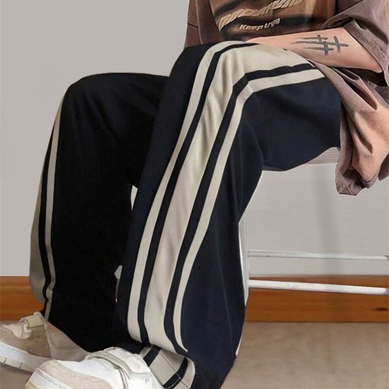 Mens Black Side Double White Stripe Drawstring Wide Leg Sweatpants Summer Loose Straight Casual Pants 260826