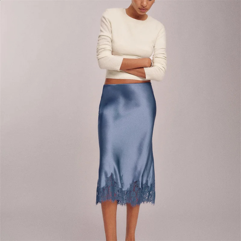 Womens Elegant Midi Skirts Summer High Waist Lace Satin Trumpet Skirt Woman y Slim Korean Fashion Lace Patchwork Skirts 260917