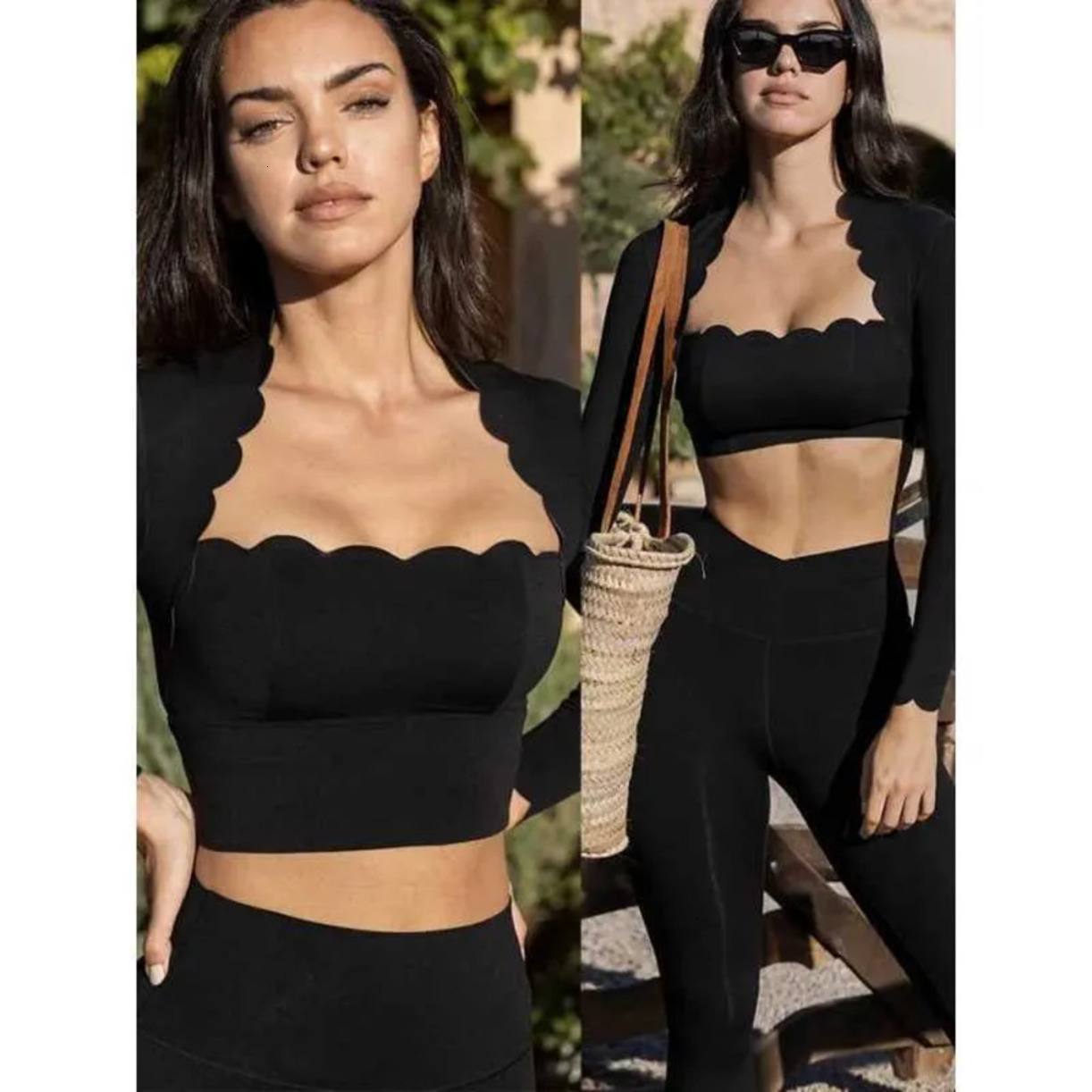 Stretchy Yoga Wear Black * Square Neck High Elasticity Yoga Long Sleeves Fashionable Soft Breathable Compression Pants Fitness Legs Exercise Tight S