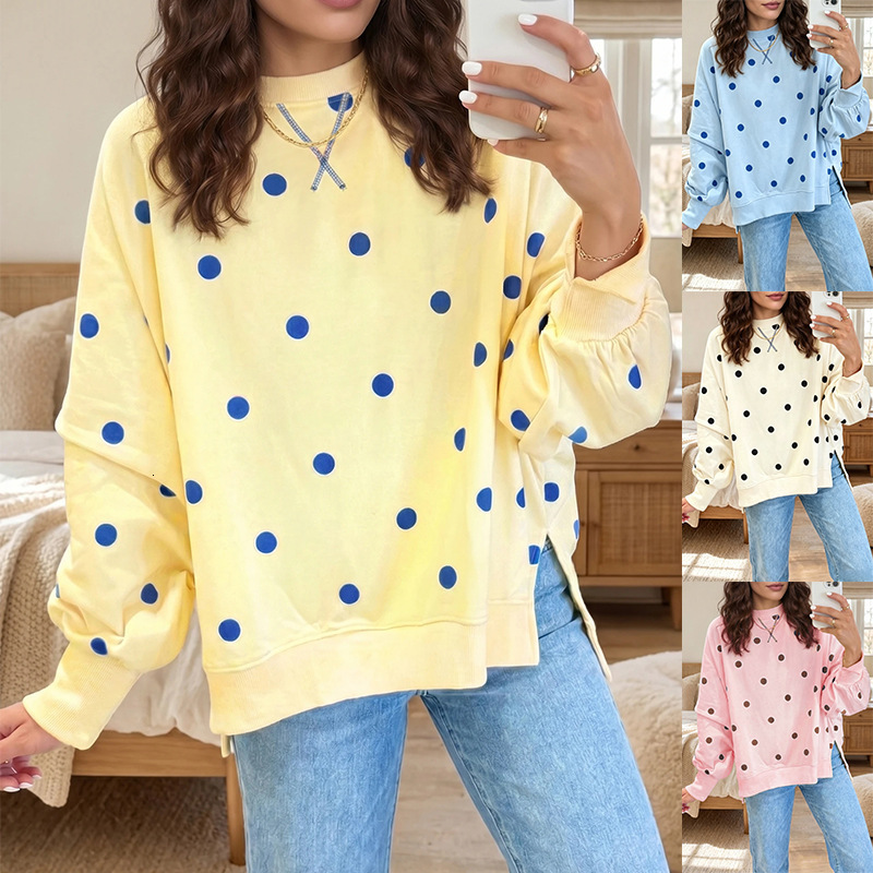European American Cross-Border Amazon Tiktok 2026 Autumn And Winter New Women's Pullover Polka Dot Print Color-Blocking Loose Sweatshirt WONST