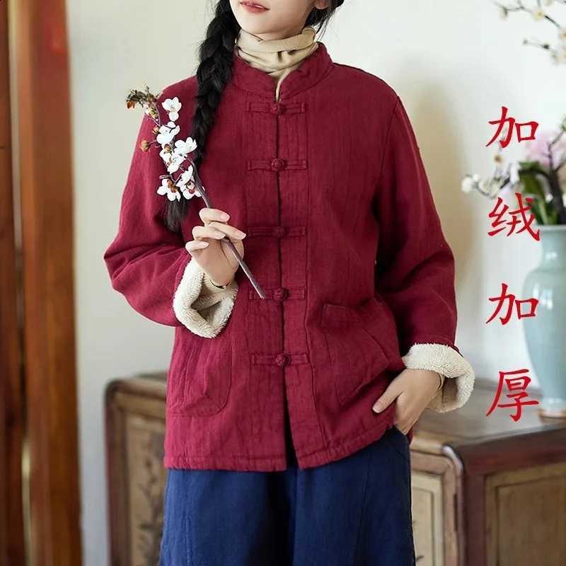 Chinese Style Coats 2026 Autumn Winter Women Retro Plate Buckle Thick Warm Parkas Cotton Linen Jackets All-match Leisure Parkas H260917