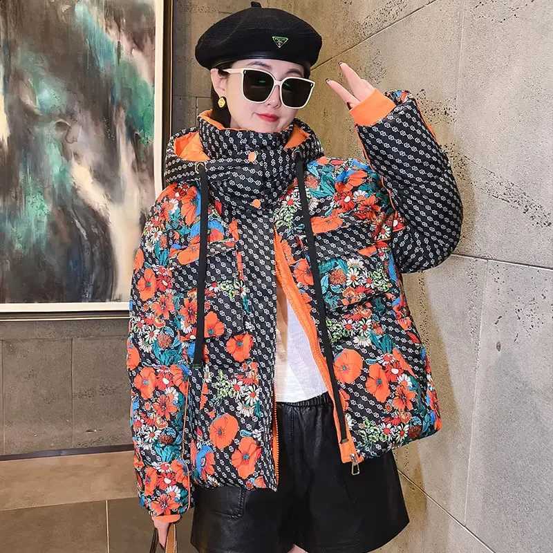 Print Quality Hoody Down Jacket 2026 New Women White Down Cotton Jacket Student Fried Street Winter Thick Coat Oversize H260917