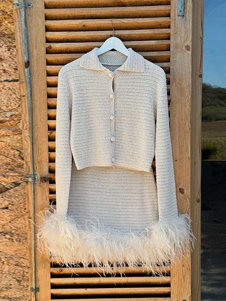 Chic Knitted Cardigan Mini Skirt Set Women Elegant Lapel Button Top Feather A-lined Skirts Sets Female Retro Street Outfits 260917