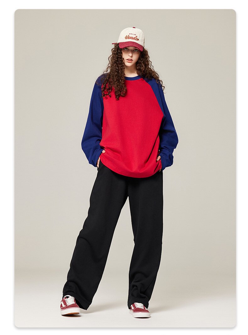 Women's Vintage round Neck Long T-shirt Color Contrasting Matching Cotton Casual Loose Fit Long Sleeve Autumn Tee