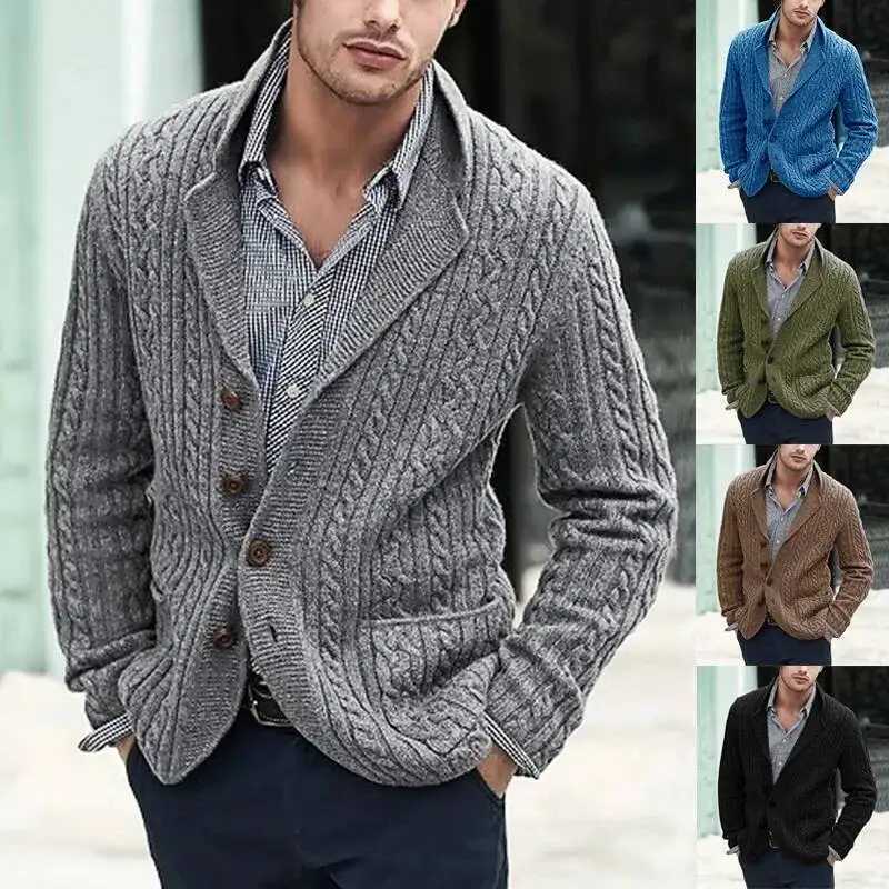 Cross Border EU US Mens Cable Knit Cardigan Button Front Long Sleeve Lapel Pocket Autumn Winter Fashion Casual Knitted Sweater S260918JWYB