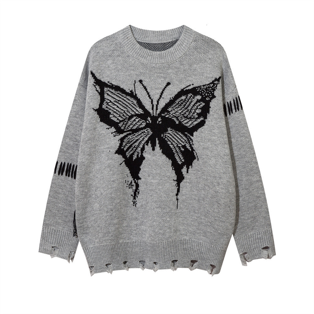 Trend Lazy Style Butterfly Jacquard Round Neck Sweater Men s Dark High Street Design Sense Hem Ripped Knitwear Autumn