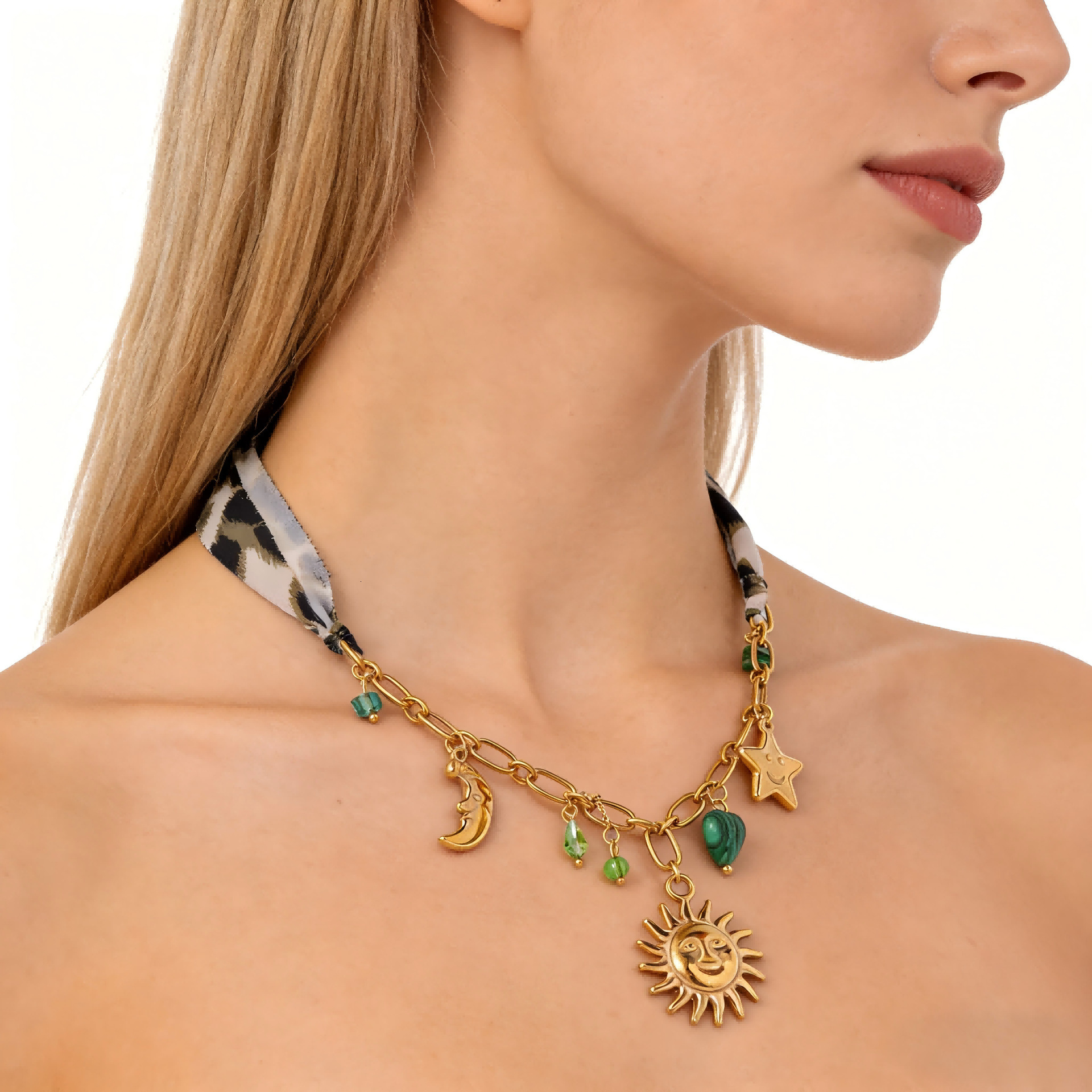 vintage style 18K gold-plated stainless steel sun, moon, stars, green stone pendant ribbon necklace wholesale
