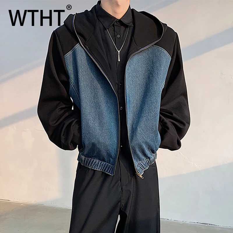 WTHT Vintage Men's Spliced Contrast Color Loose Denim Coats Fashion Zipper Hooded Long Slves Jackets Male 2025 Autumn 2A1637 S260918MYKF