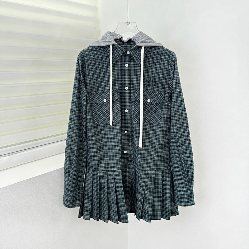 Designer Vintage Green Plaid Mini Dress Women Long Sleeve Pleated Hem Hooded Dress Spring Autumn Casual School Date Dresses