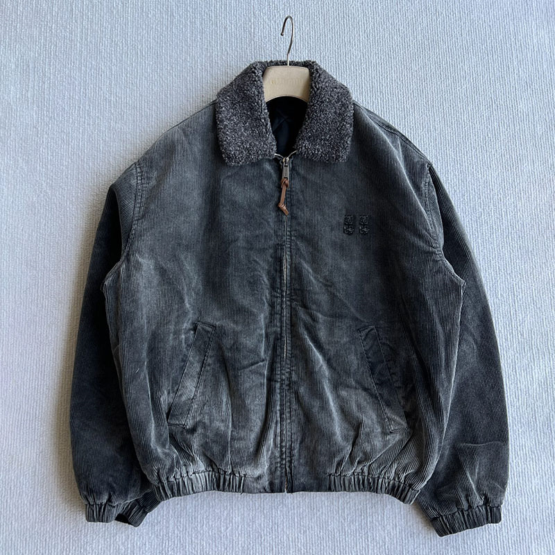Designer Women Washed Corduroy Jacket Fleece Collar Loose Elastic Hem Vintage Outerwear Winter Resort Vacation Party Windproof Overcoat