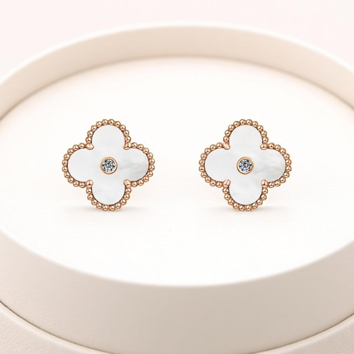 Women Jewelry Designer Clover Earrings Four-Leaf Clover Earrings For Women Thick Gold-Plated Sterling Silver White Shell With Mother-Of-Pearl Accent